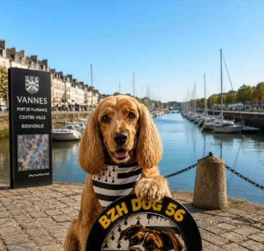 Cocker anglais portant un bandana aux couleurs bretonnes devant le port de plaisance de Vannes